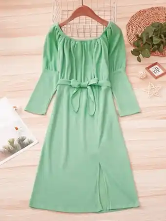 SheIn Girls gigot sleeve split hem belted dress offer
