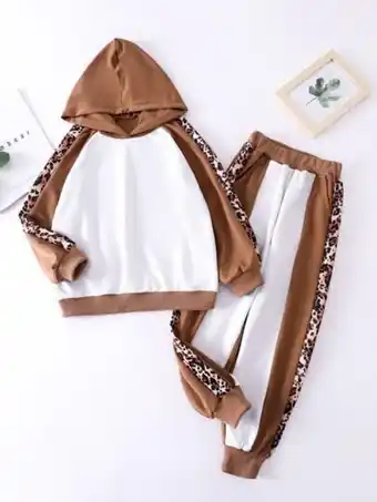 SheIn Girls leopard print colorblock raglan sleeve hoodie & sweatpants offer