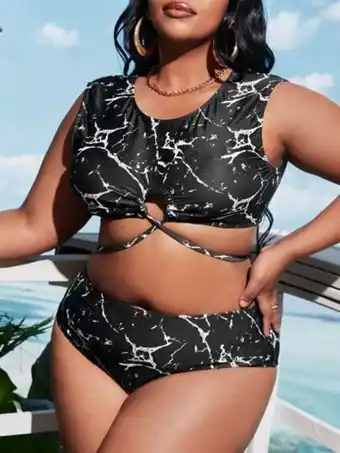 SheIn Plus marble print tie back bikini swimsuit offer