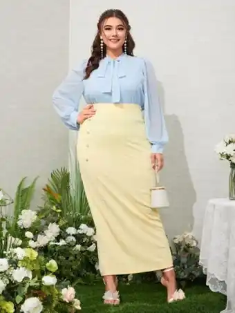SheIn Shein plus swiss dot tie neck top & split back skirt offer