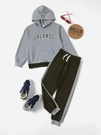SheIn Boys contrast panel letter graphic kangaroo pocket hoodie & drawstring waist sweatpants offer