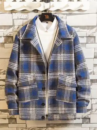 SheIn Men plaid flap pocket button front overcoat offer