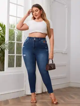 SheIn Plus high waist letter patched detail ripped frayed skinny jeans offer