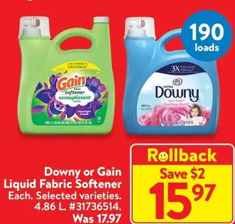 Walmart Downy or gain liquid fabric softener offer