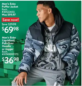 Walmart Men's ecko puffer jacket | men's ecko liquidized pull-over hoodie or jogger offer