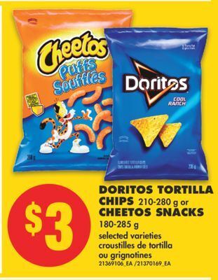 No Frills Doritos tortilla chips, 210-280 g or cheetos snacks, 180-285 g offer