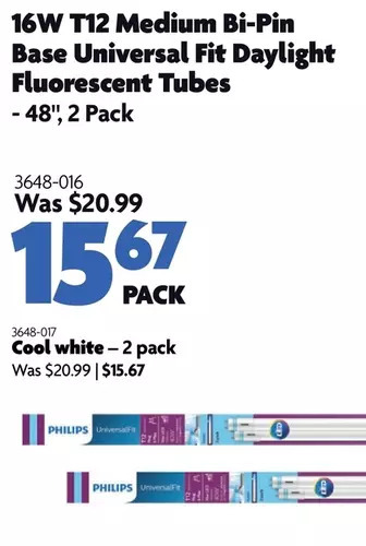 Home Hardware 16w t12 medium bi-pin base universal fit daylight fluorescent tubes - 48", 2 pack offer