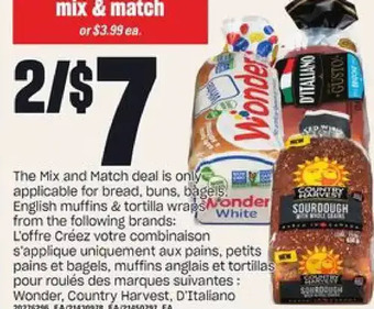 Independent Grocer Wonder, country harvest, d'italiano bread, buns, bagels, english muffins & tortilla wraps offer