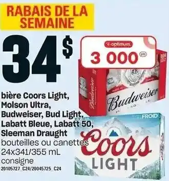 Provigo Bière Coors Light, Molson Ultra, Budweiser, Bud Light, Labatt Bleue, Labatt 50, Sleeman Draught 24x341/355 ml offer