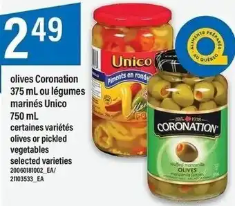 Maxi Coronation 375 ml or Unico 750ml Olives or pickled vegetables offer
