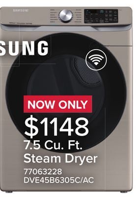 Leon's Samsung champagne steam front load dryer (7.5 cu. ft.) - dve45b6305c/ac offer