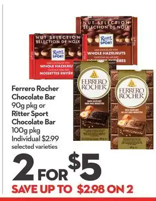 Longo's Ferrero rocher chocolate bar 90g pkg or ritter sport chocolate bar 100g pkg offer
