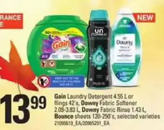 Zehrs Markets Gain laundry detergent or flings, downy fabric softener, downy fabric rinse, bounce sheets offer