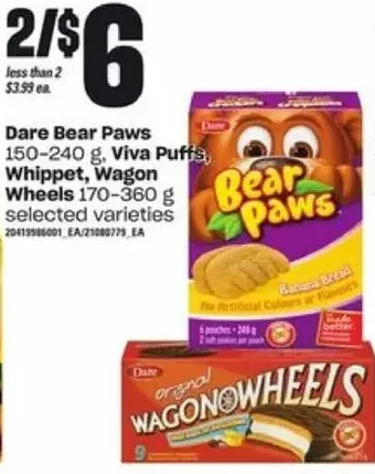 Loblaws Dare bear paws, viva puffs, whippet, wagon wheels offer