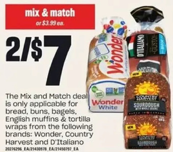 Loblaws Wonder, country harvest and d'italiano bread, buns, bagels, english muffins & tortilla wraps offer