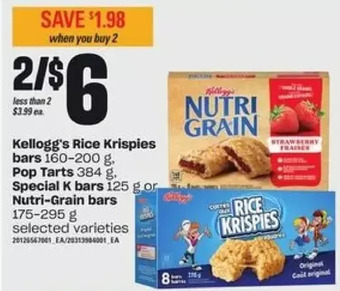 Loblaws Kellogg's rice krispies bars, pop tarts, special k bars or nutri-grain bars offer