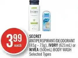 Shoppers Drug Mart Secret antiperspirant/deodorant, ivory or nivea body wash offer