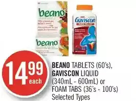 Shoppers Drug Mart Beano tablets, gaviscon liquid or foam tabs offer