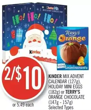 Shoppers Drug Mart Kinder mix advent calendar, holiday mini eggs or terry's orange chocolate offer