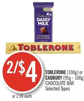 Shoppers Drug Mart Toblerone or cadbury chocolate bar offer
