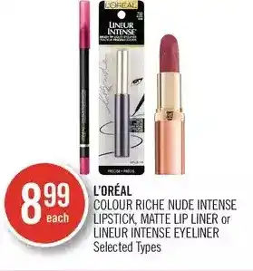 Shoppers Drug Mart L'oréal colour riche nude intense lipstick, matte lip liner or lineur intense eyeliner offer