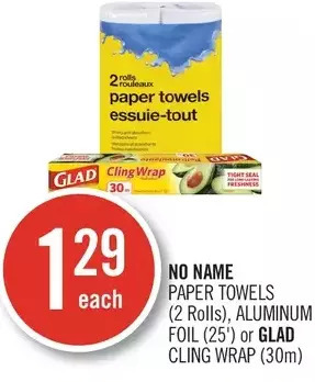 Shoppers Drug Mart No name paper towels, aluminum foil or glad cling wrap offer