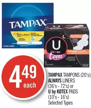 Shoppers Drug Mart Tampax tampons, always liners or u by kotex pads offer