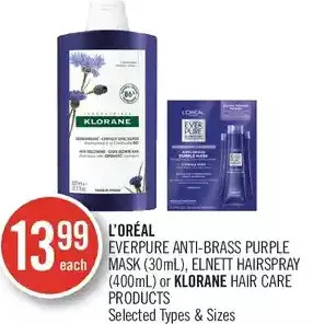Shoppers Drug Mart L'oréal everpure anti-brass purple mask, elnett hairspray or klorane hair care products offer