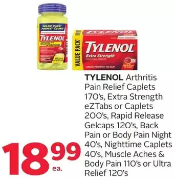 Rexall Tylenol arthritis pain relief caplets, extra strength eztabs or caplets, rapid release gelcaps, back pain or body pain night, offer
