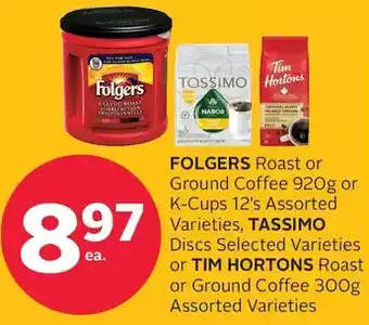 Rexall Folgers roast or ground coffee or k-cups, tassimo discs or tim hortons roast or ground coffee offer