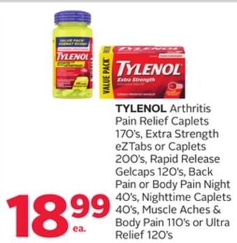 Rexall Tylenol arthritis pain relief caplets 170' s, extra strength eztabs or caplets 200' s, rapid release gelcaps 120' s, back pai offer
