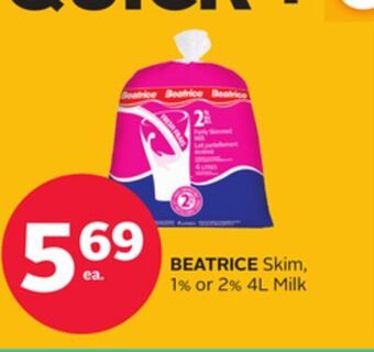 Rexall Beatrice skim, 1% or 2% 4l milk offer