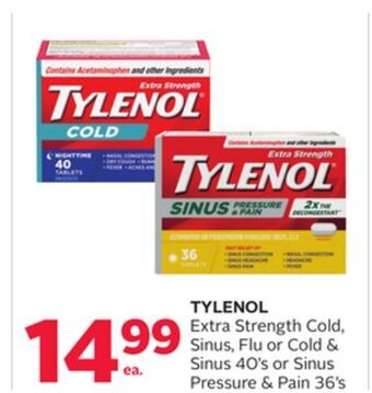 Rexall Tylenol extra strength cold, sinus, flu or cold & sinus 40' s or sinus pressure & pain 36' s offer