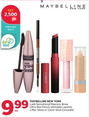 Rexall Maybelline new york lash sensational mascara, brow ultra slim pencil, ultimatte lipstick, lifter gloss or cover stick conceal offer