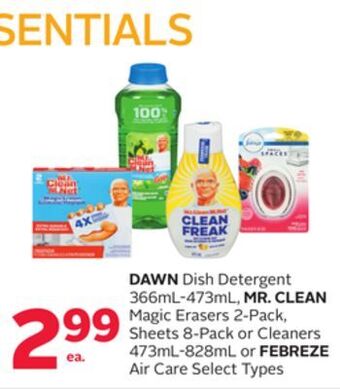 Rexall Dawn dish detergent 366ml-473ml, mr. clean magic erasers 2-pack, sheets 8-pack or cleaners 473ml-828ml or febreze air care offer