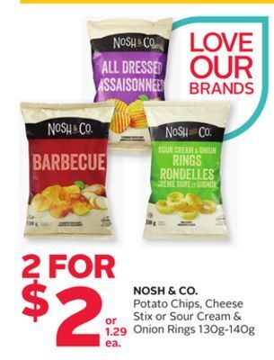 Rexall Nosh & co. potato chips, cheese stix or sour cream & onion rings offer