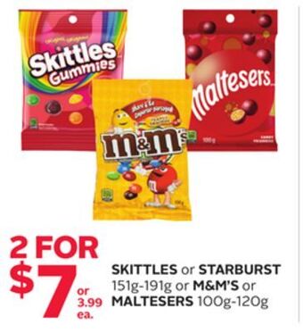 Rexall Skittles or starburst 151g-191g or m & m' s or maltesers 100g-120g offer
