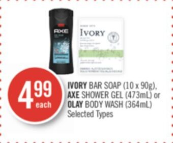 Shoppers Drug Mart Ivory bar soap (10 x 90g), axe shower gel (473ml) or olay body wash (364ml) offer