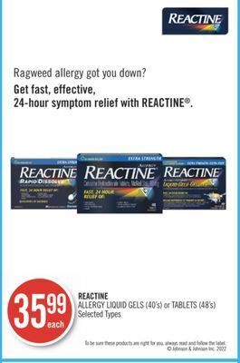 Shoppers Drug Mart Reactine allergy liquid gels (40's) or tablets (48's) offer