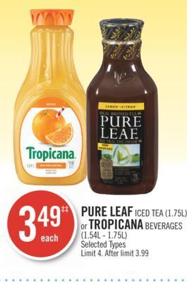 Shoppers Drug Mart Pure leaf iced tea (1.75l) or tropicana beverages (1.54l - 1.75l) offer