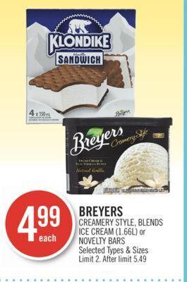 Shoppers Drug Mart Breyers creamery style, blends ice cream (1.66l) or novelty bars offer