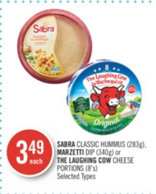 Shoppers Drug Mart Sabra classic hummus (283g), marzetti dip (340g) or the laughing cow cheese portions (8's) offer