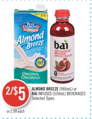 Shoppers Drug Mart Almond breeze (946ml) or bai infused (530ml) beverages offer