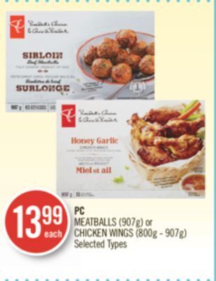 Shoppers Drug Mart Pc meatballs (907g) or chicken wings (800g - 907g) offer