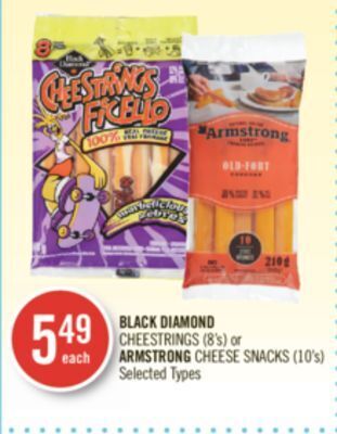 Shoppers Drug Mart Black diamond cheestrings (8's) or armstrong cheese snacks (10's) offer