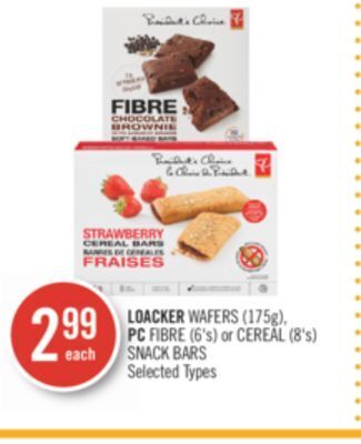 Shoppers Drug Mart Loacker wafers (175g), pc fibre (6's) or cereal (8's) snack bars offer
