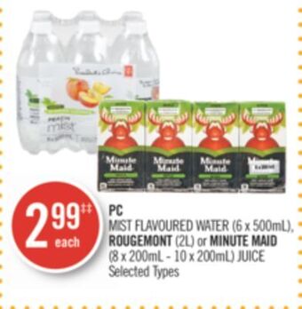 Shoppers Drug Mart Pc mist flavoured water (6 x 500ml), rougemont (2l) or minute maid (8 x 200ml - 10 x 200ml) juice offer