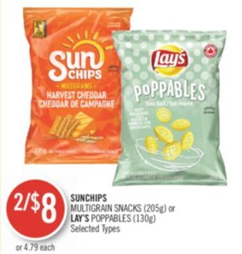Shoppers Drug Mart Sunchips multigrain snacks (205g) or lay's poppables (130g) offer