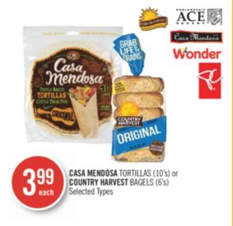 Shoppers Drug Mart Casa mendosa tortillas (10's) or country harvest bagels (6's) offer
