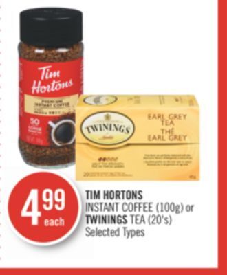 Shoppers Drug Mart Tim hortons instant coffee (100g) or twinings tea (20's) offer